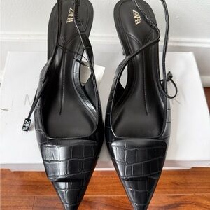 Zara Black Croc-Embossed Pointed Toe Slingback Heels with Thin Ankle Tie
